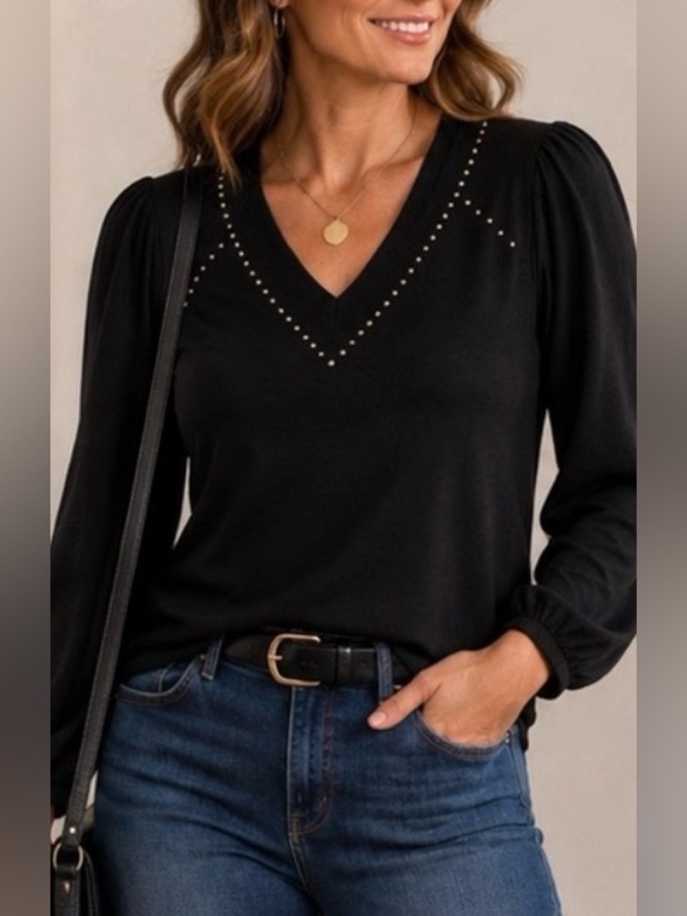 Chico’s Size 1 (US Medium) Black Studded V-Neck Long Sleeve Knit Top Puff Sleeve